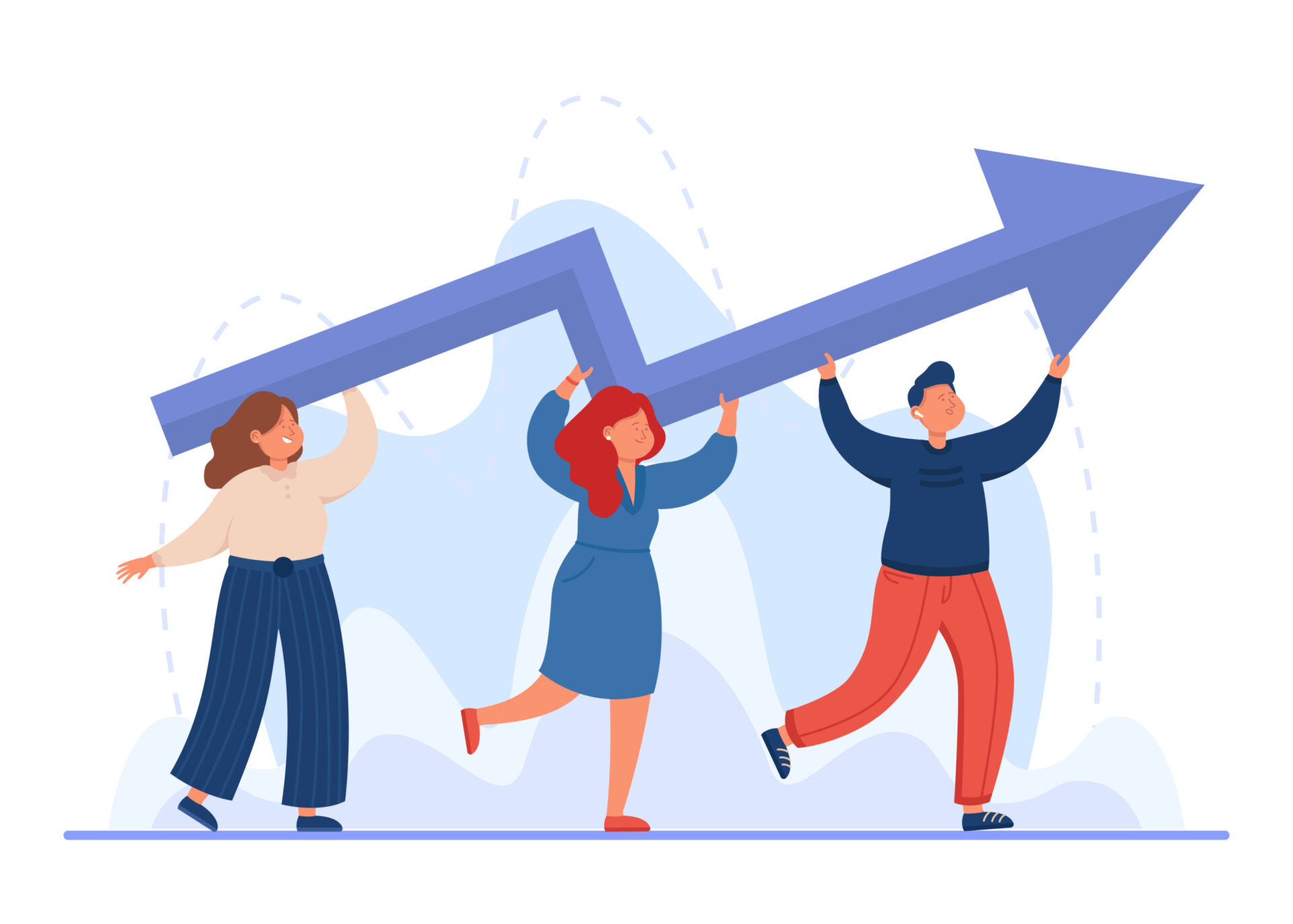 Tiny professional business people carrying upward arrow